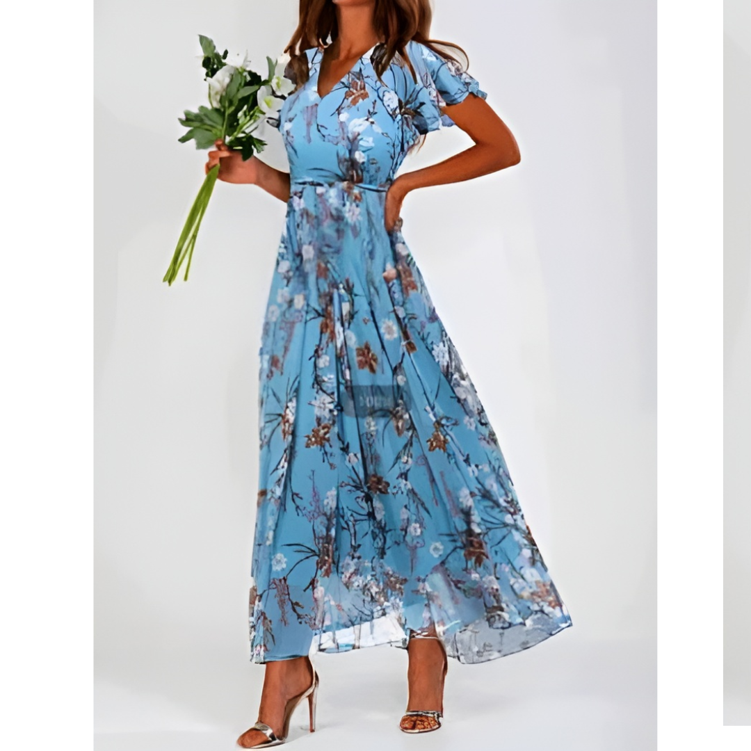 Women’s A-Line Maxi Dress – V-Neck, Flutter Sleeves, Floral Print, Wedding Guest