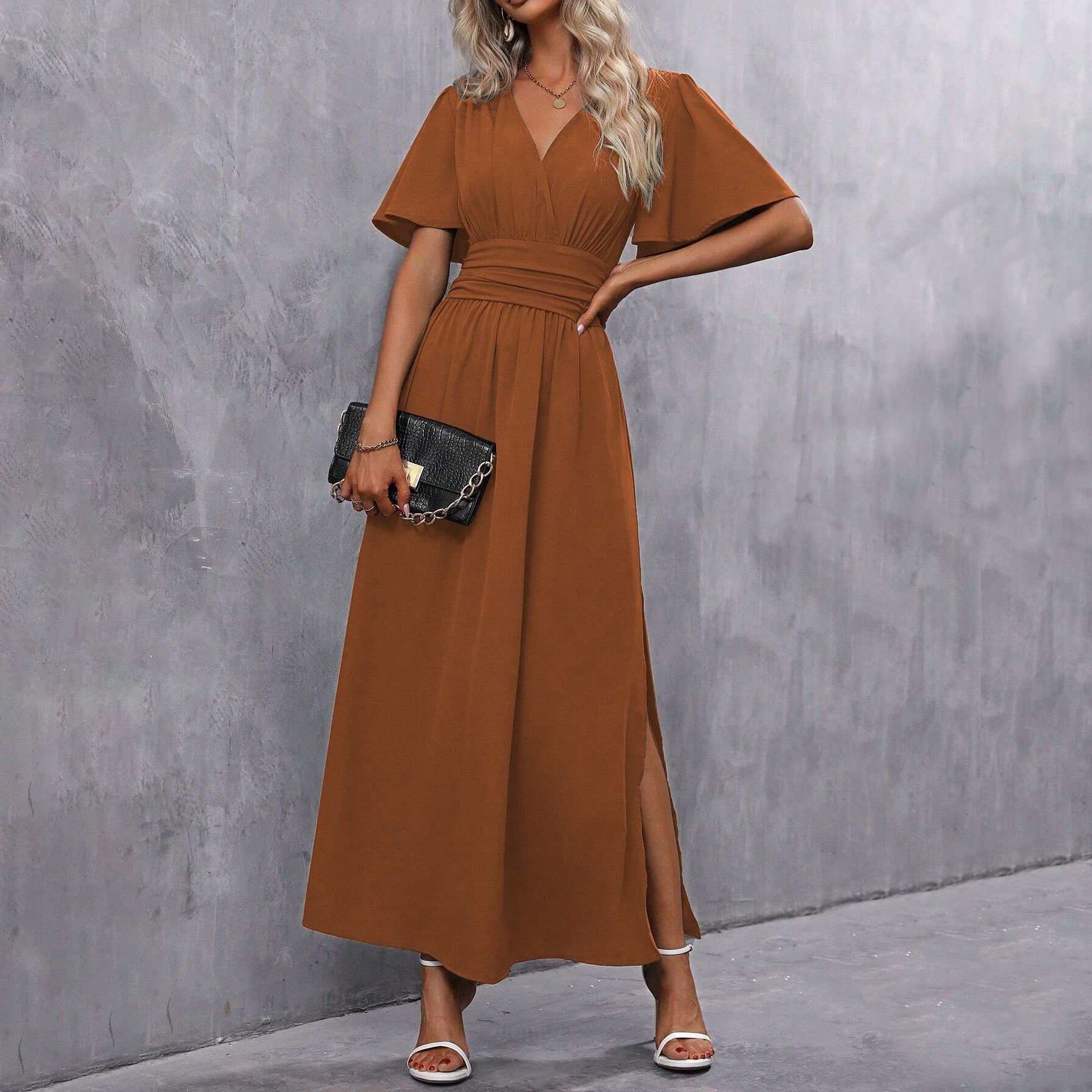 Women’s Flutter-Sleeve Wrap Maxi Dress – Deep V-Neck, High Waist, Side Slit