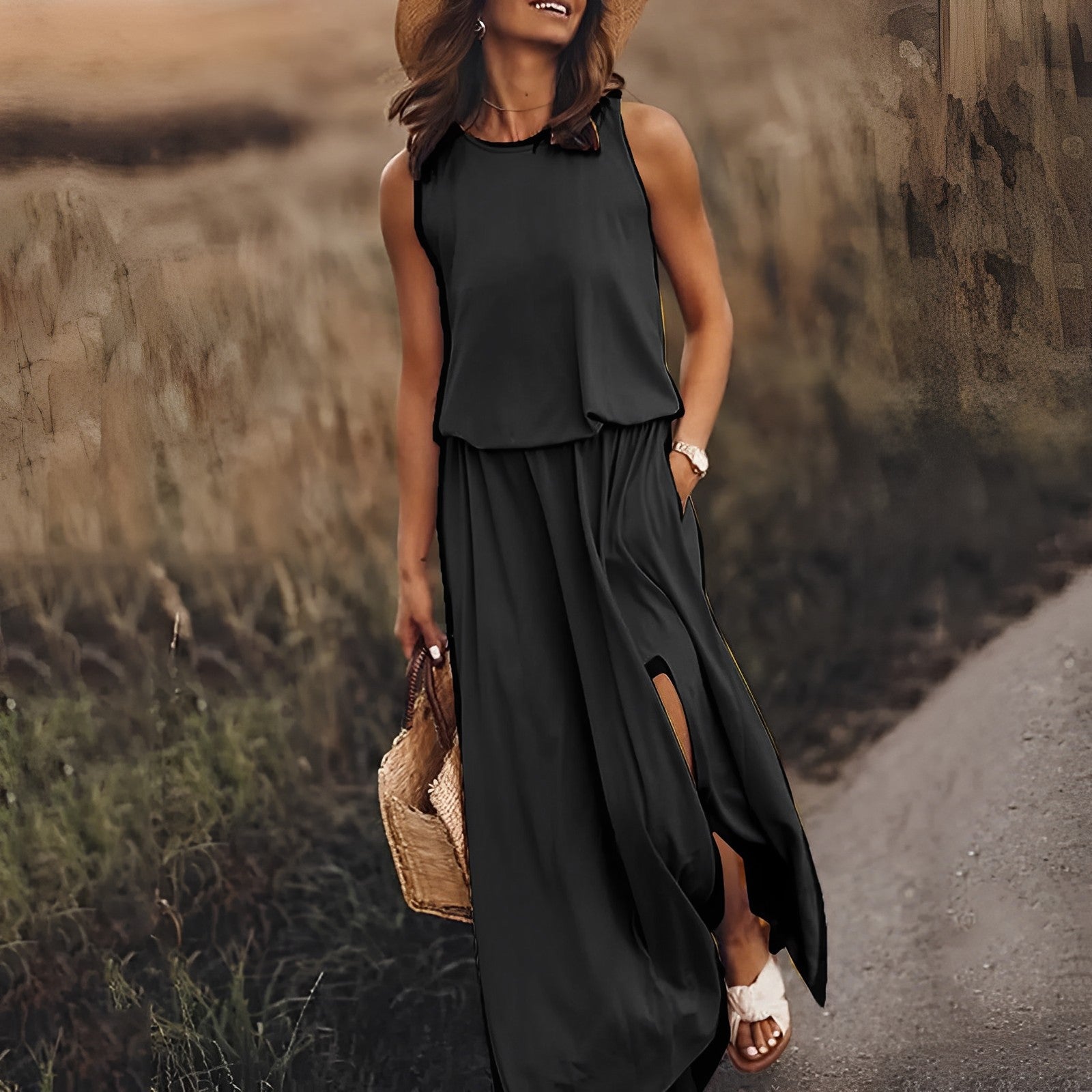 Women’s Maxi Dress – Sleeveless Boho Layered Top with Side Slit & Pockets
