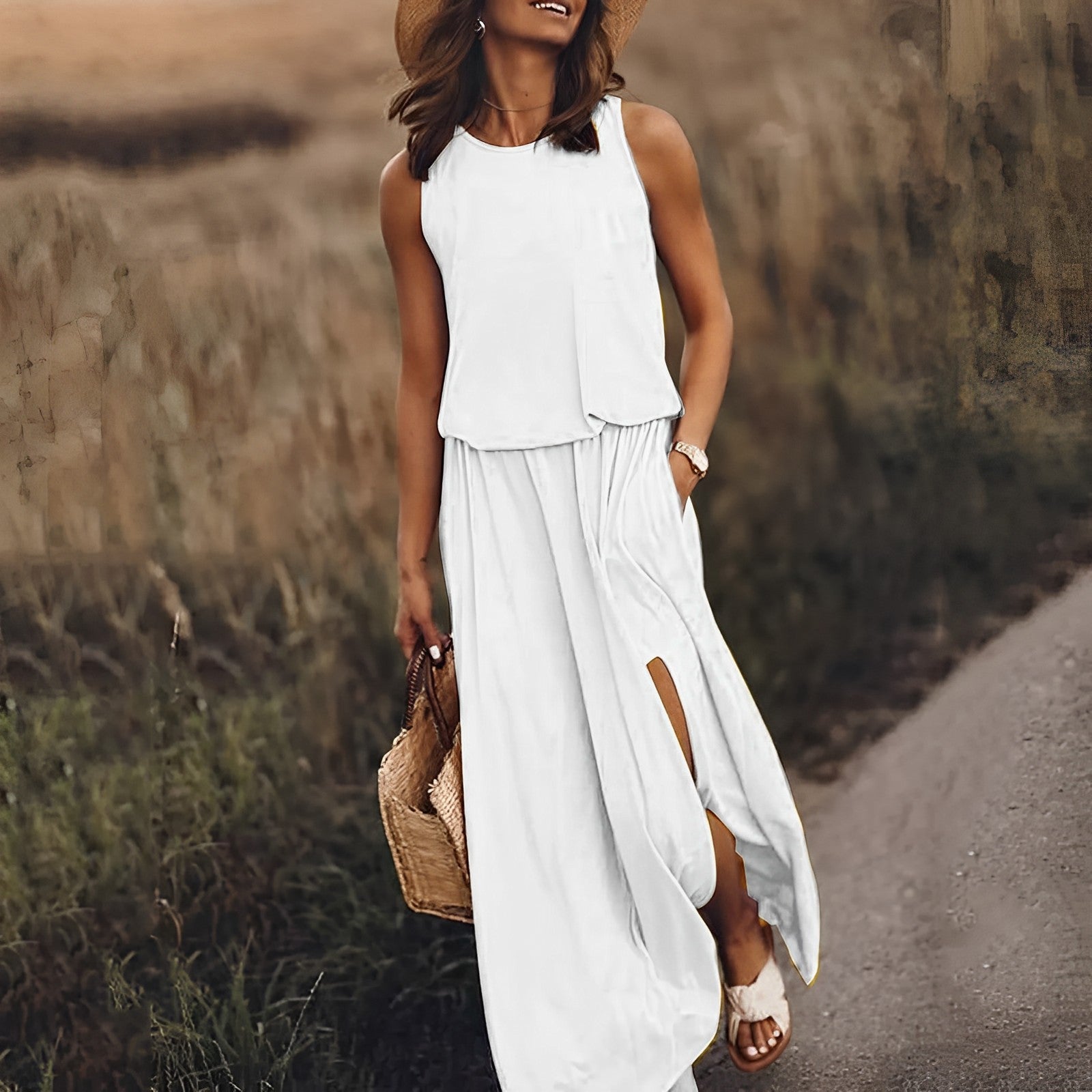 Women’s Maxi Dress – Sleeveless Boho Layered Top with Side Slit & Pockets