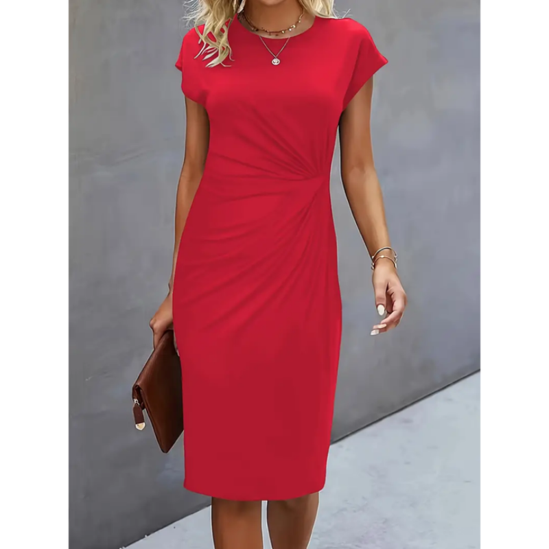 Women’s Midi Dress – Cap Sleeve, Crew Neck, Ruched Waist