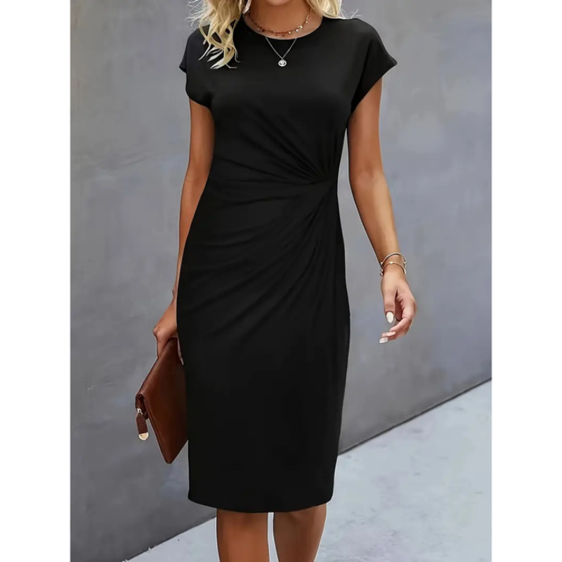 Women’s Midi Dress – Cap Sleeve, Crew Neck, Ruched Waist