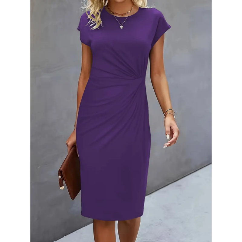 Women’s Midi Dress – Cap Sleeve, Crew Neck, Ruched Waist