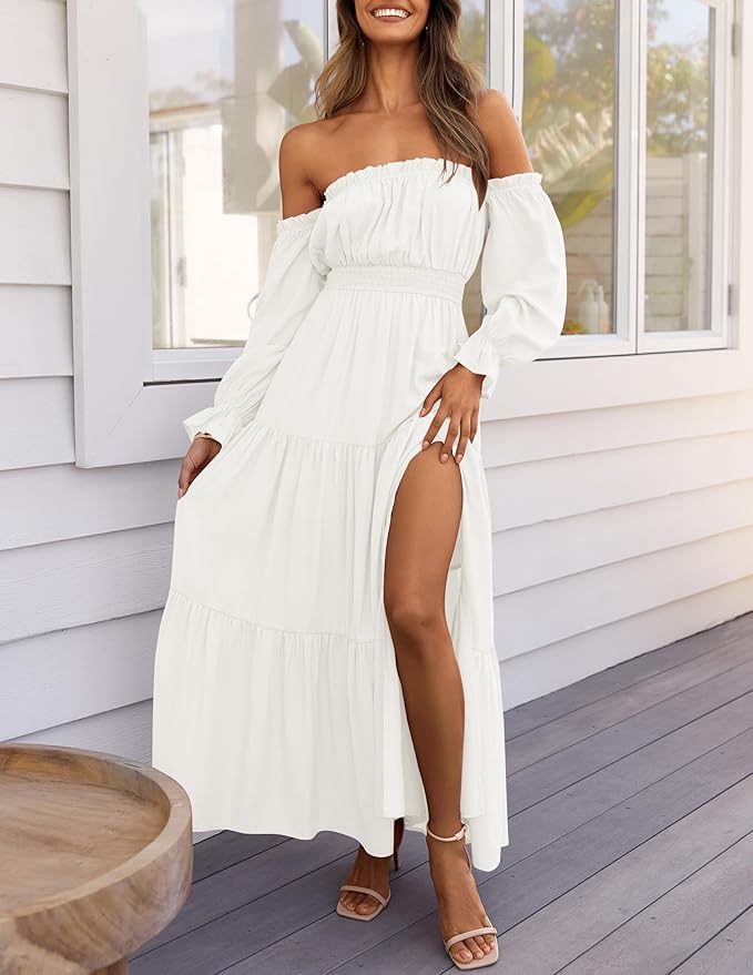 Women’s White Off-Shoulder Maxi Dress – Long Puff Sleeves, Smocked Waist & Side Slit
