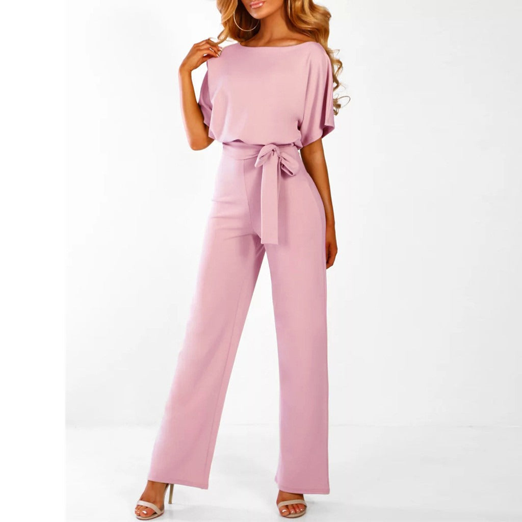 Women’s Wide-Leg Jumpsuit – Short Sleeve Boat Neck, Belted Waist, Full Length