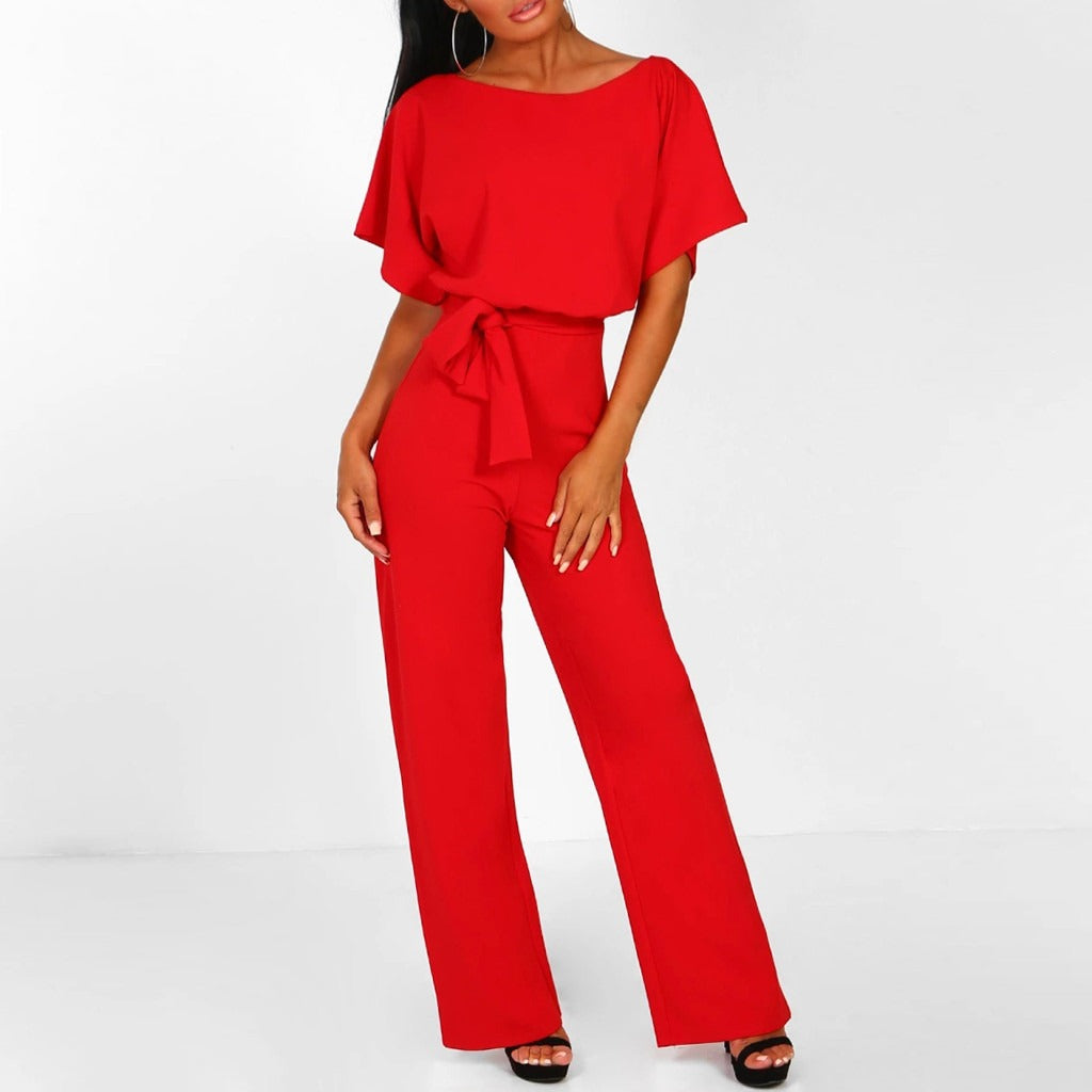 Women’s Wide-Leg Jumpsuit – Short Sleeve Boat Neck, Belted Waist, Full Length