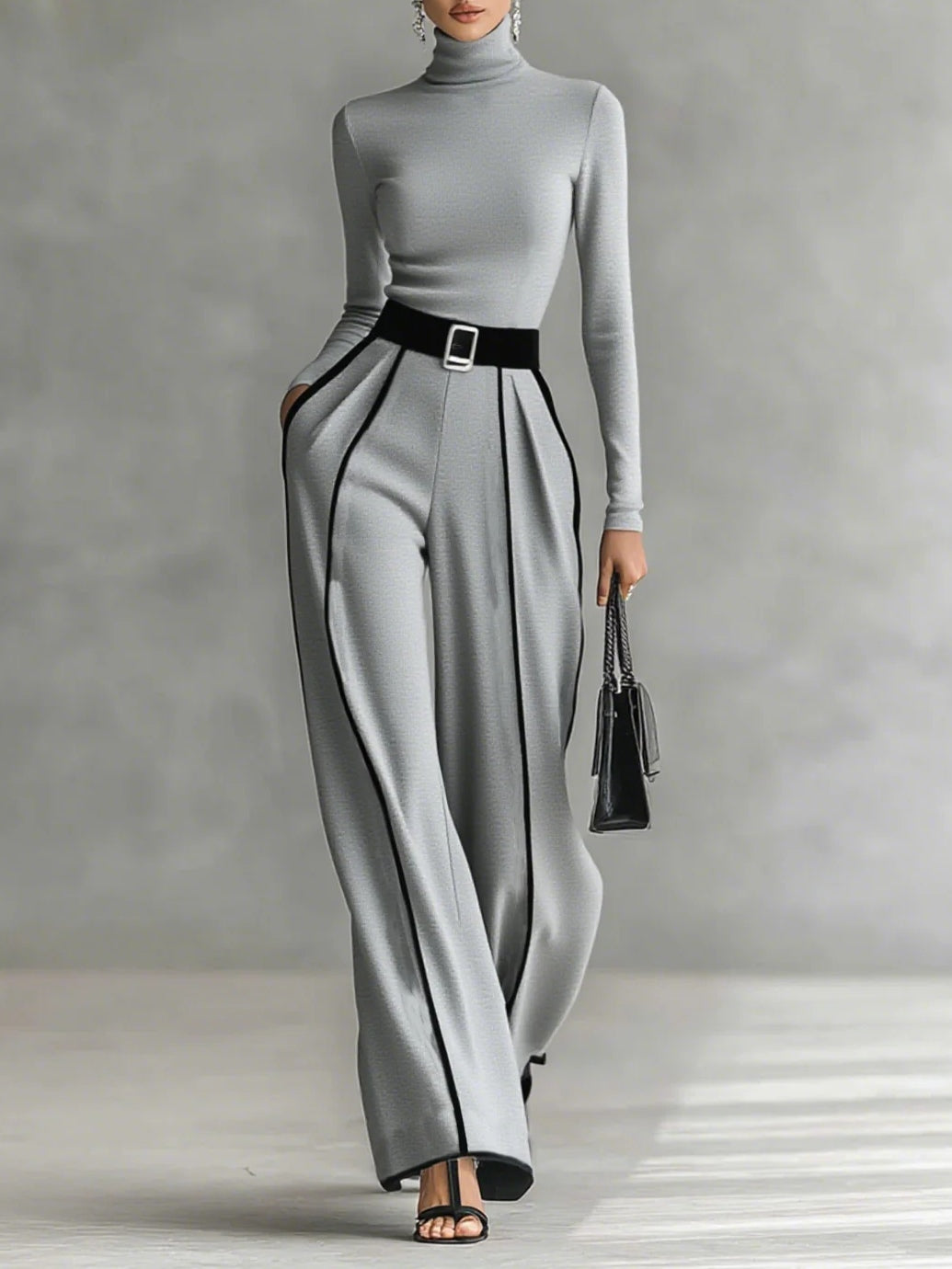 White Trim High-Neck Long-Sleeved Top with Wide-Leg Pants and Belt Set