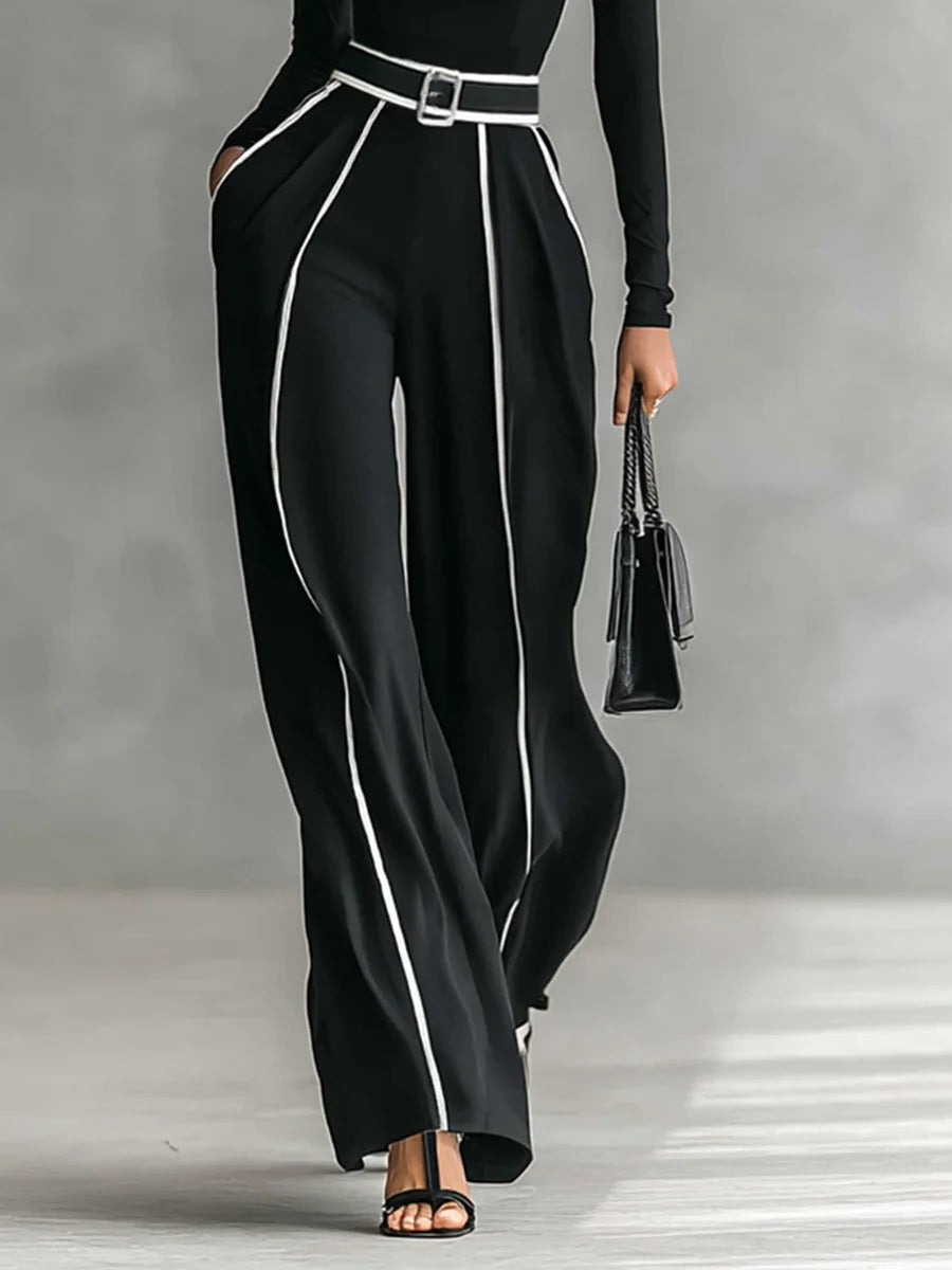 White Trim High-Neck Long-Sleeved Top with Wide-Leg Pants and Belt Set
