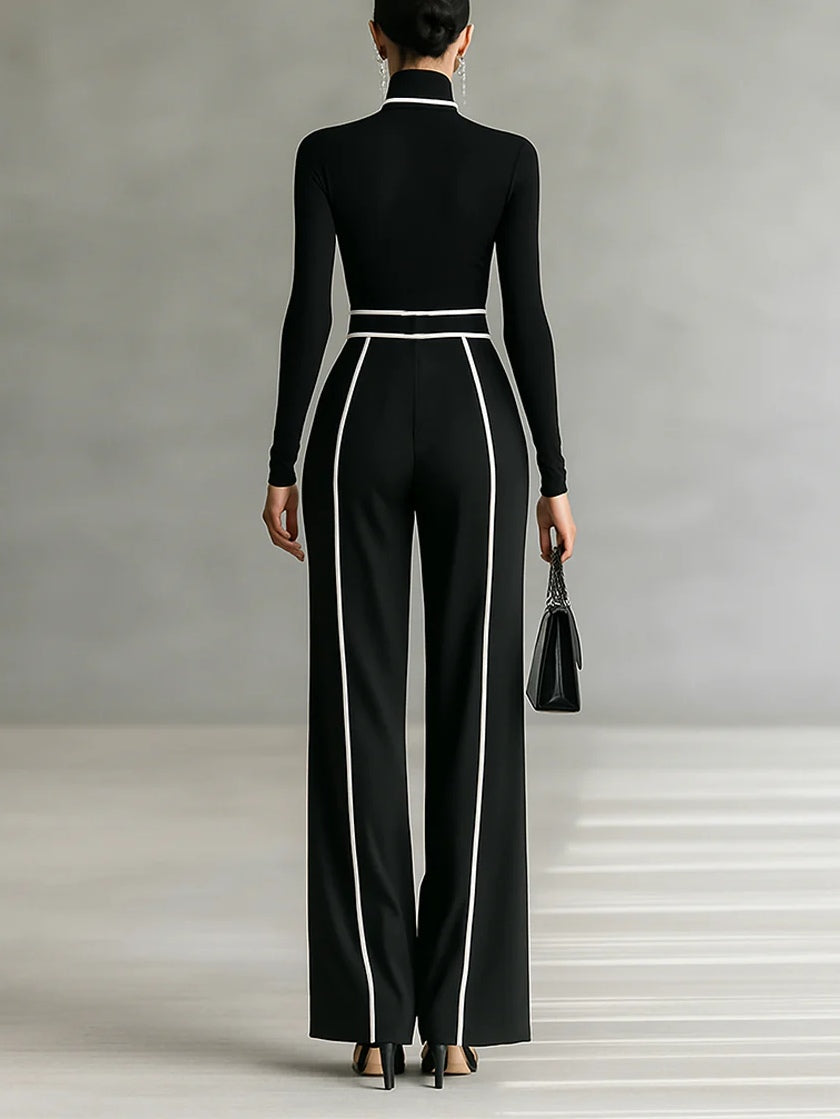 White Trim High-Neck Long-Sleeved Top with Wide-Leg Pants and Belt Set