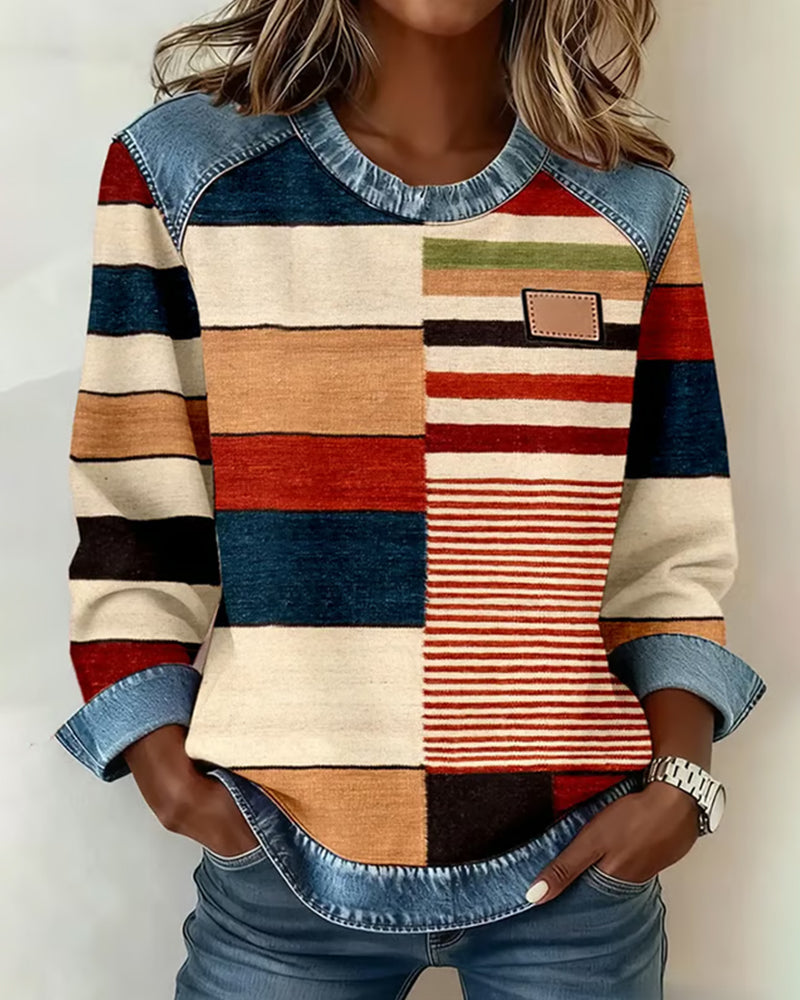 Colorful Contrast Round Neck Sweater