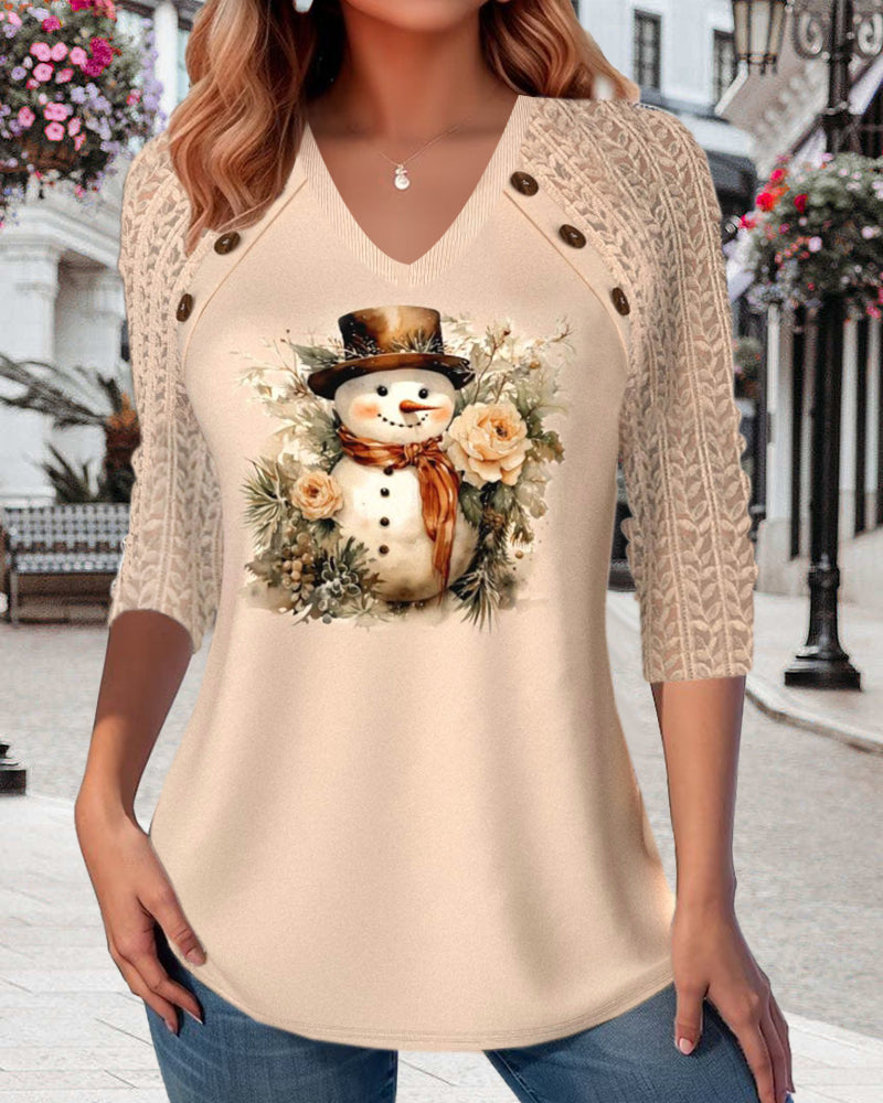 Relaxed top with V-neck snowman print