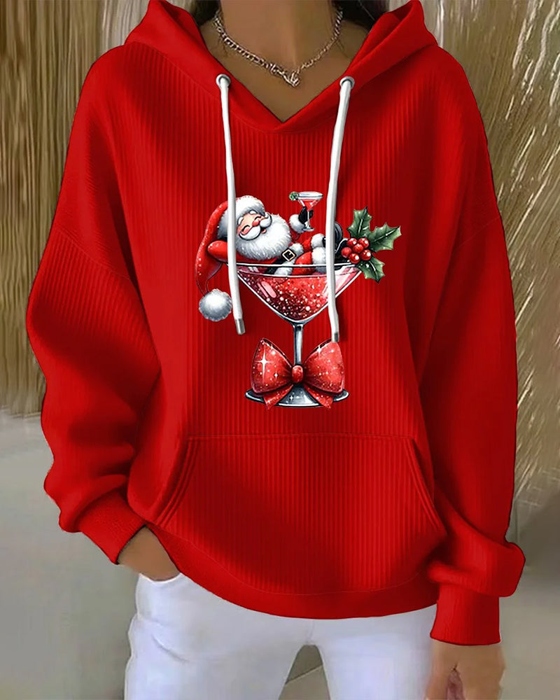 Hoodie with Santa Claus and Wine Bottle Print, Headgear Design