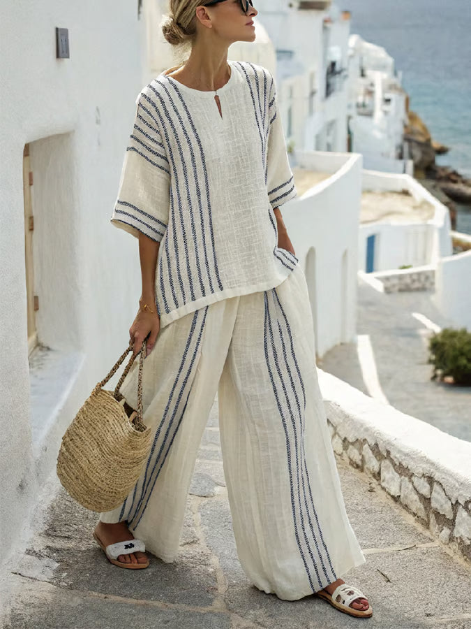 Loose Slit Contrast Striped Pants Set